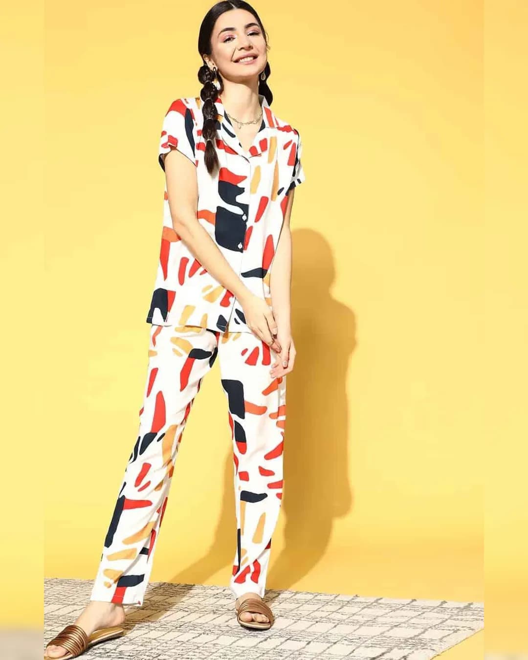 Luxurious Comfort: White Abstract Cotton Night Suit