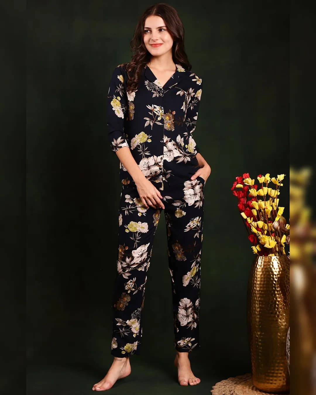 Navy Blue Floral Cotton Night Suit
