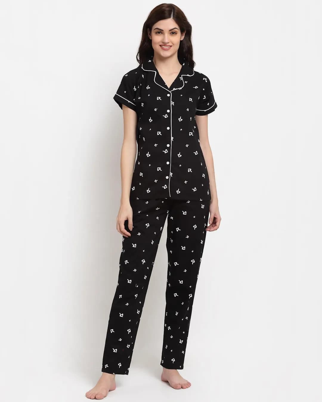 Black Abstract Printed Cotton Night Suit