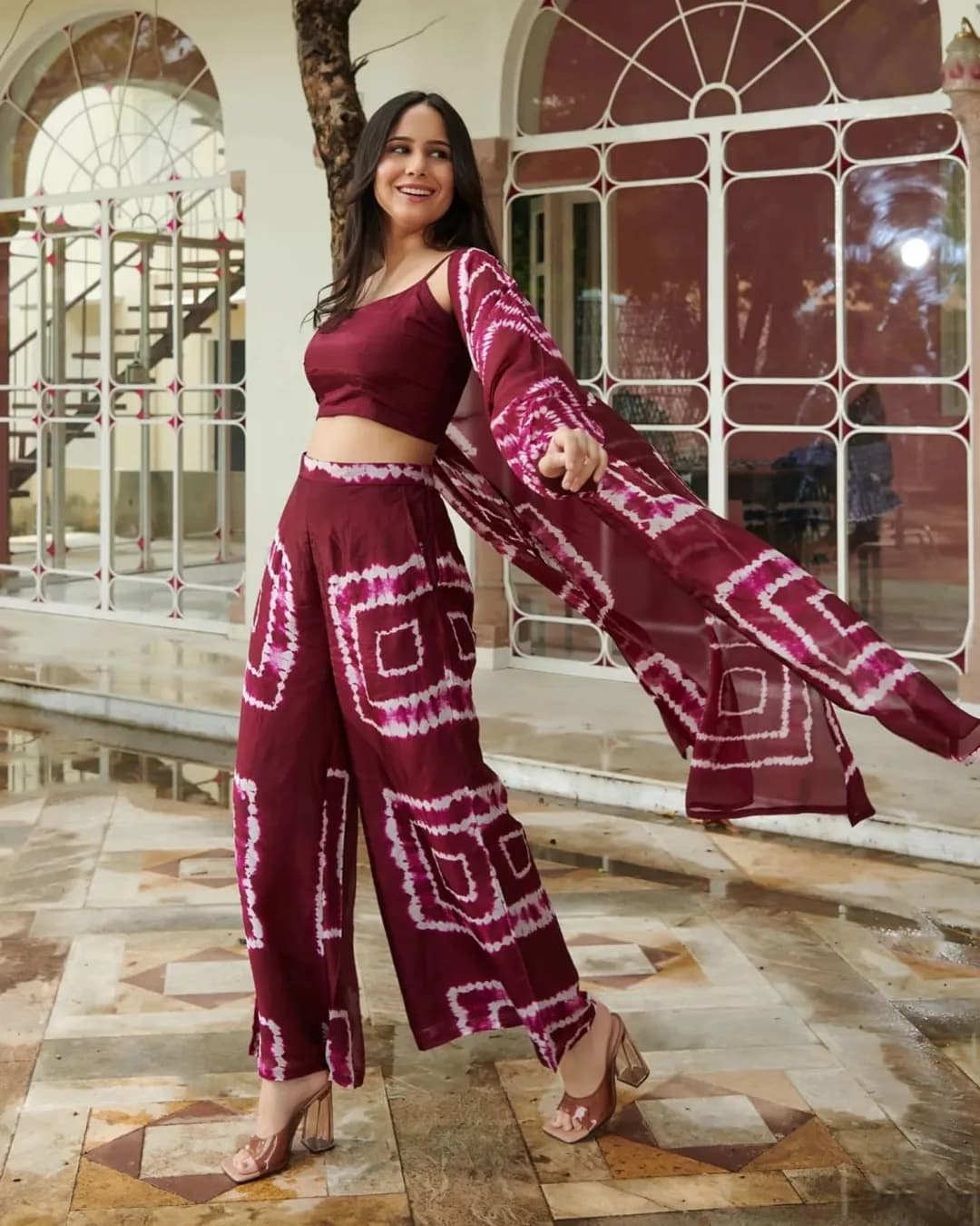 Trendy Muslin Printed Top, Palazzo, and Jacket 3-Piece Co-ord Set