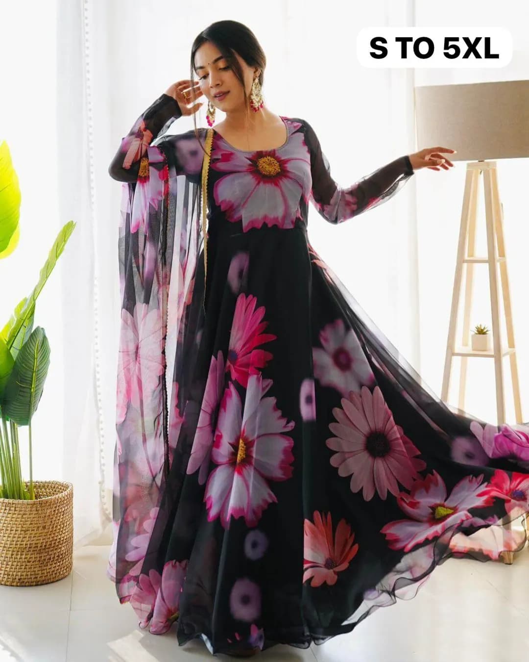 Floral Print Maxi Gown with Dupatta - Perfect for Casual Chic Look