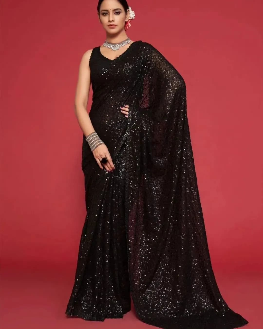 Georgette Saree with Intricate Embroidery and Sequin Work alternate view