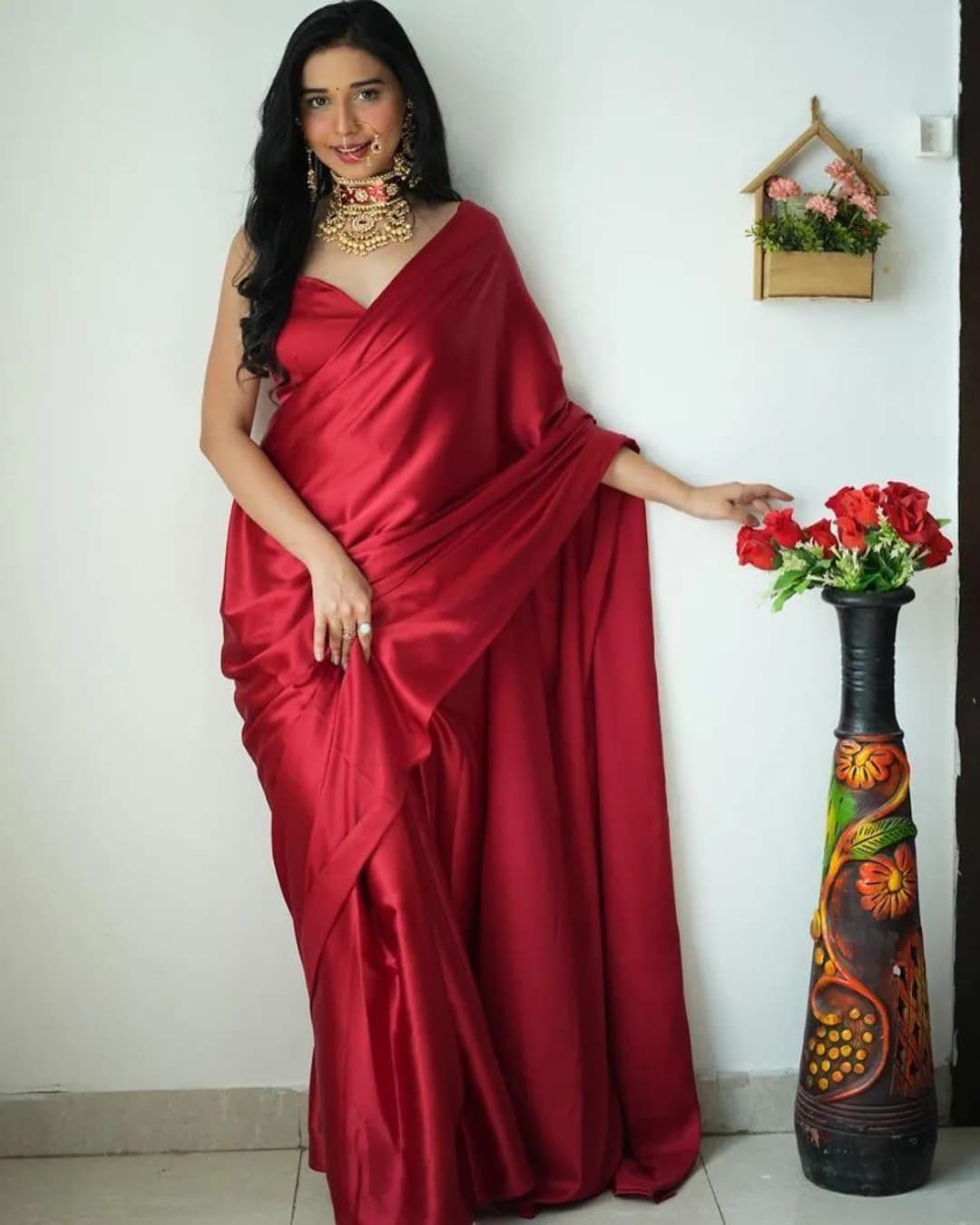 Effortless Elegance: Soft Satin Ready-to-Wear Saree with Border Piping