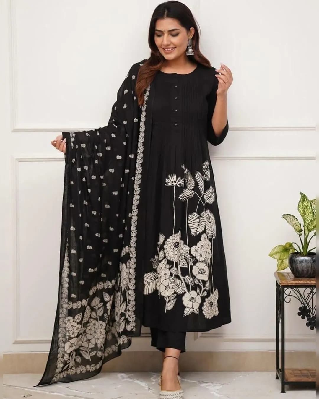 Pure Cotton Kurti Set with Self Print and Mulmul Printed Dupatta