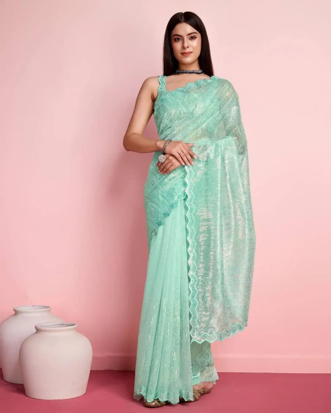 Elegant Silver Twill Net Saree with Exquisite Embroidery and Sequins Work alternate view