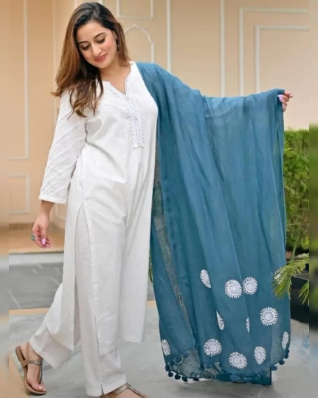 Trendy Cotton Slub Kurta Pant Set with Embroidered Dupatta