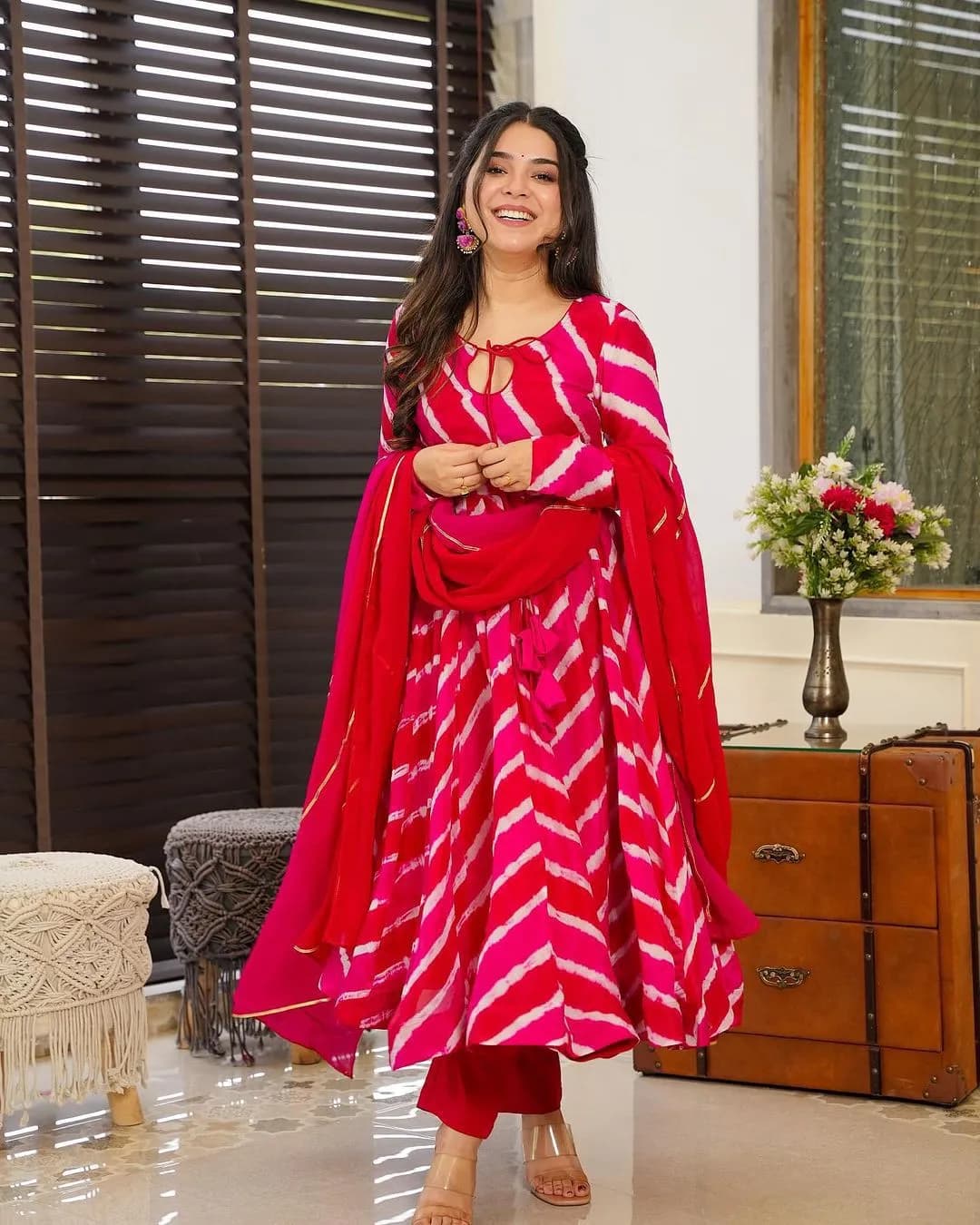 Stunning Tebby Silk Laheriya Print Gown with Dupatta and Pant