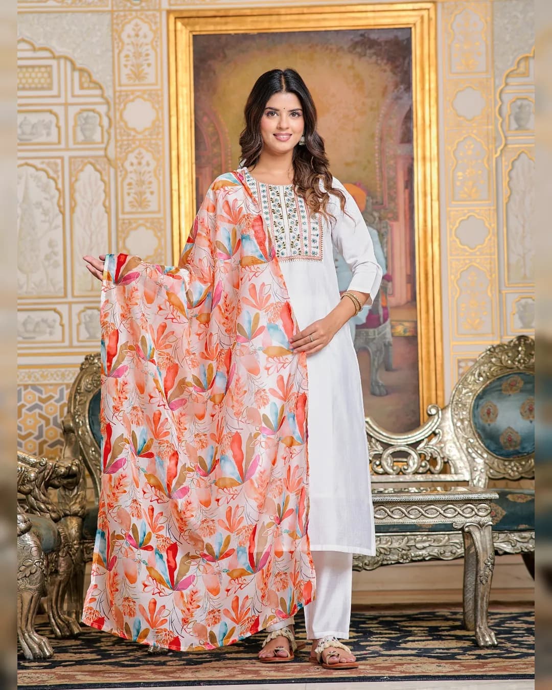 Elegant Women Chanderi Kurta with Pant and Digital Print Dupatta Set
