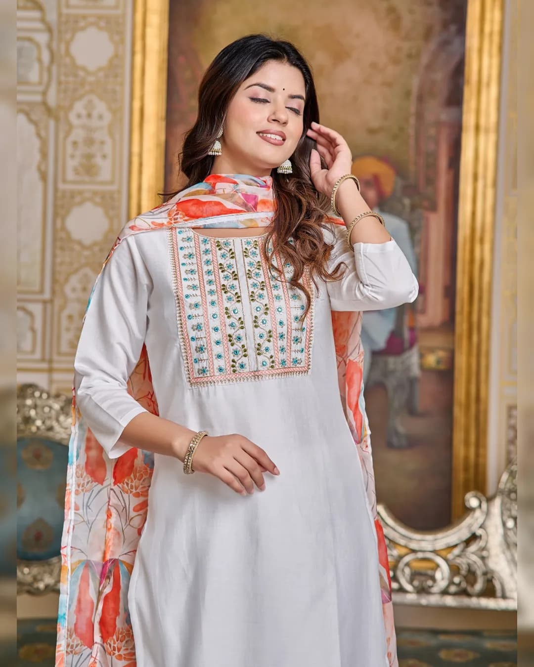 Elegant Women Chanderi Kurta with Pant and Digital Print Dupatta Set alternate view