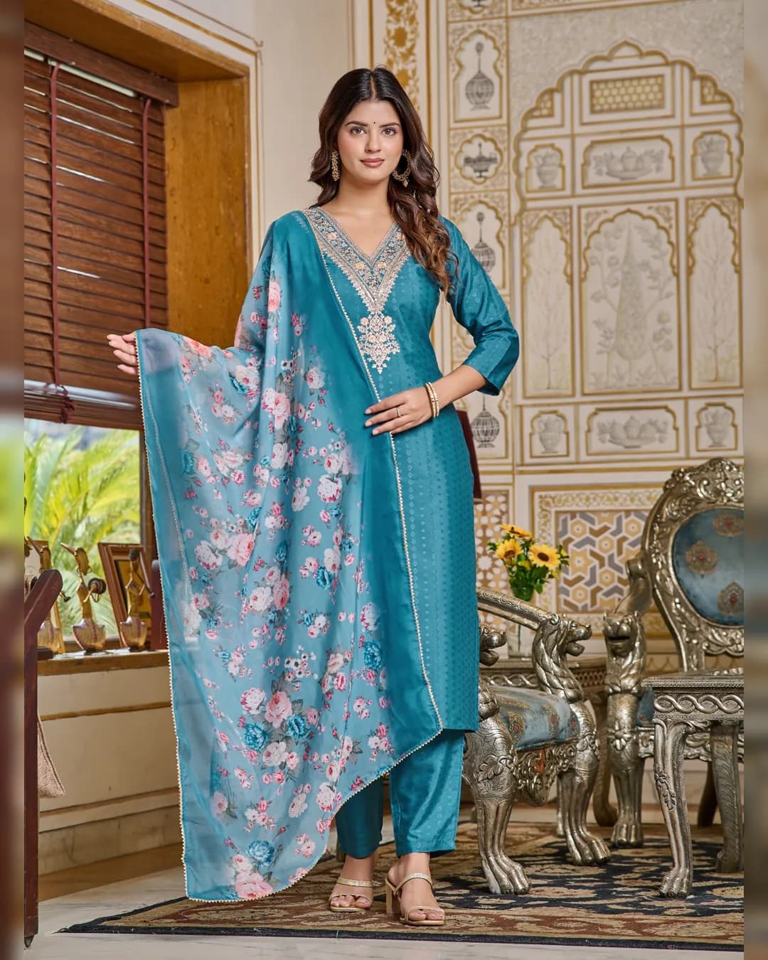 Stylish Women Embroidered Viscose Rayon Kurta with Pant and Digital Print Dupatta Set