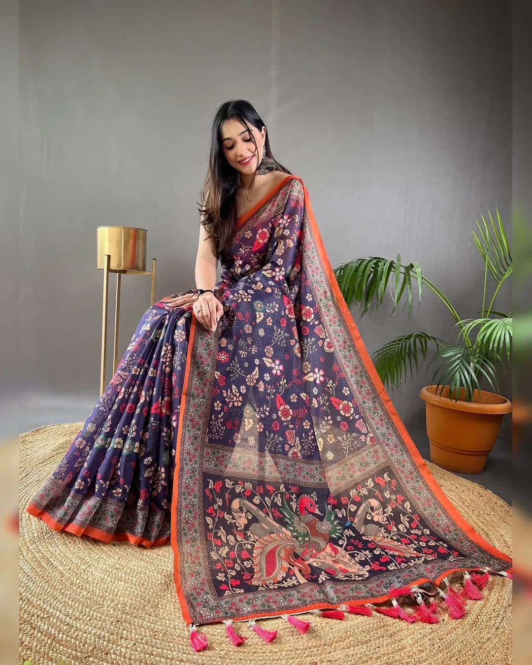 Pure Malai Cotton Saree with Beautiful Kalamkari Prints and Contrast Pallu alternate view