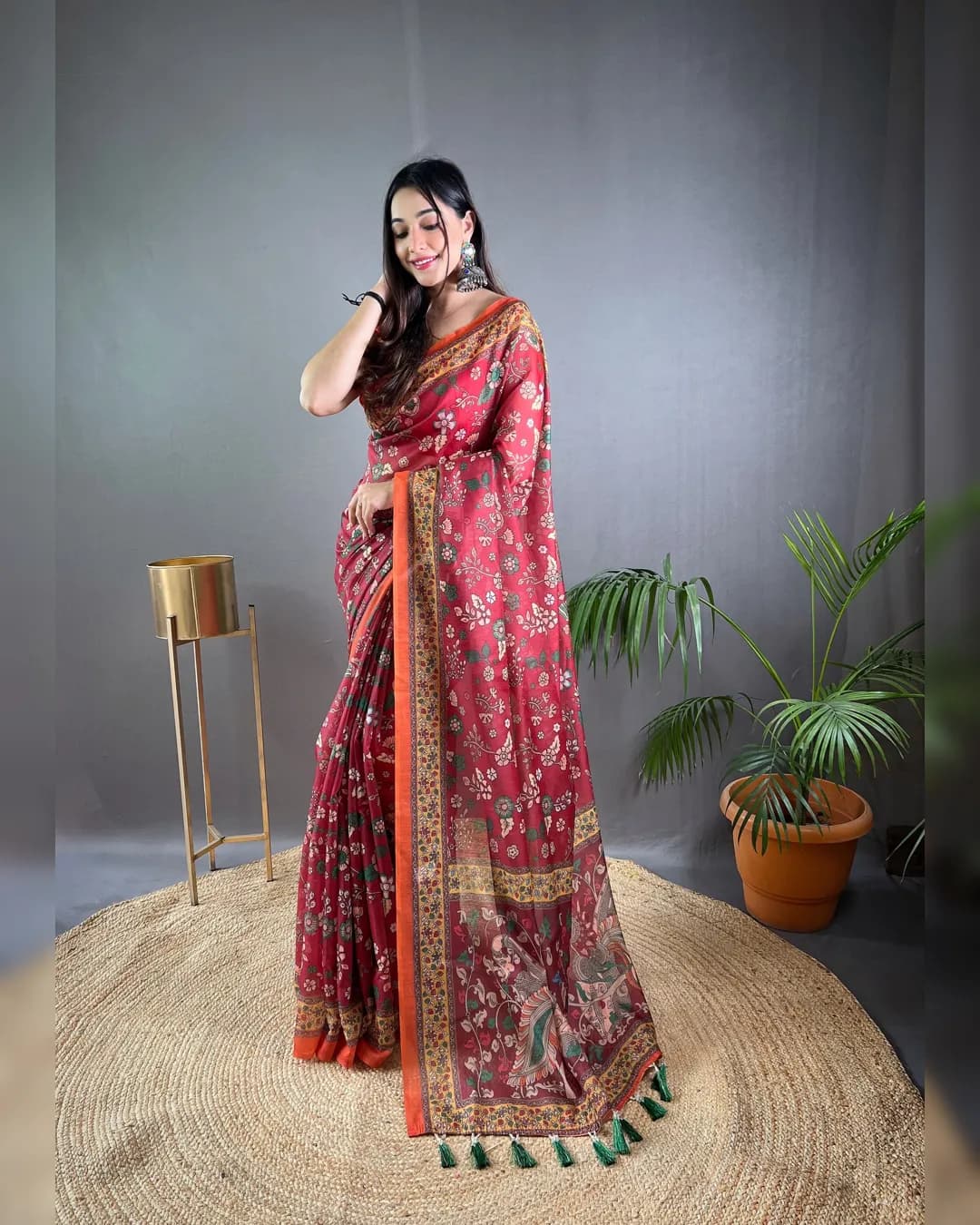 Pure Malai Cotton Saree with Beautiful Kalamkari Prints and Contrast Pallu