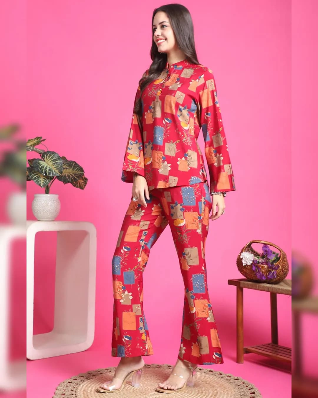 Magenta Color Abstract Printed Chanderi Silk Co-ord Set alternate view