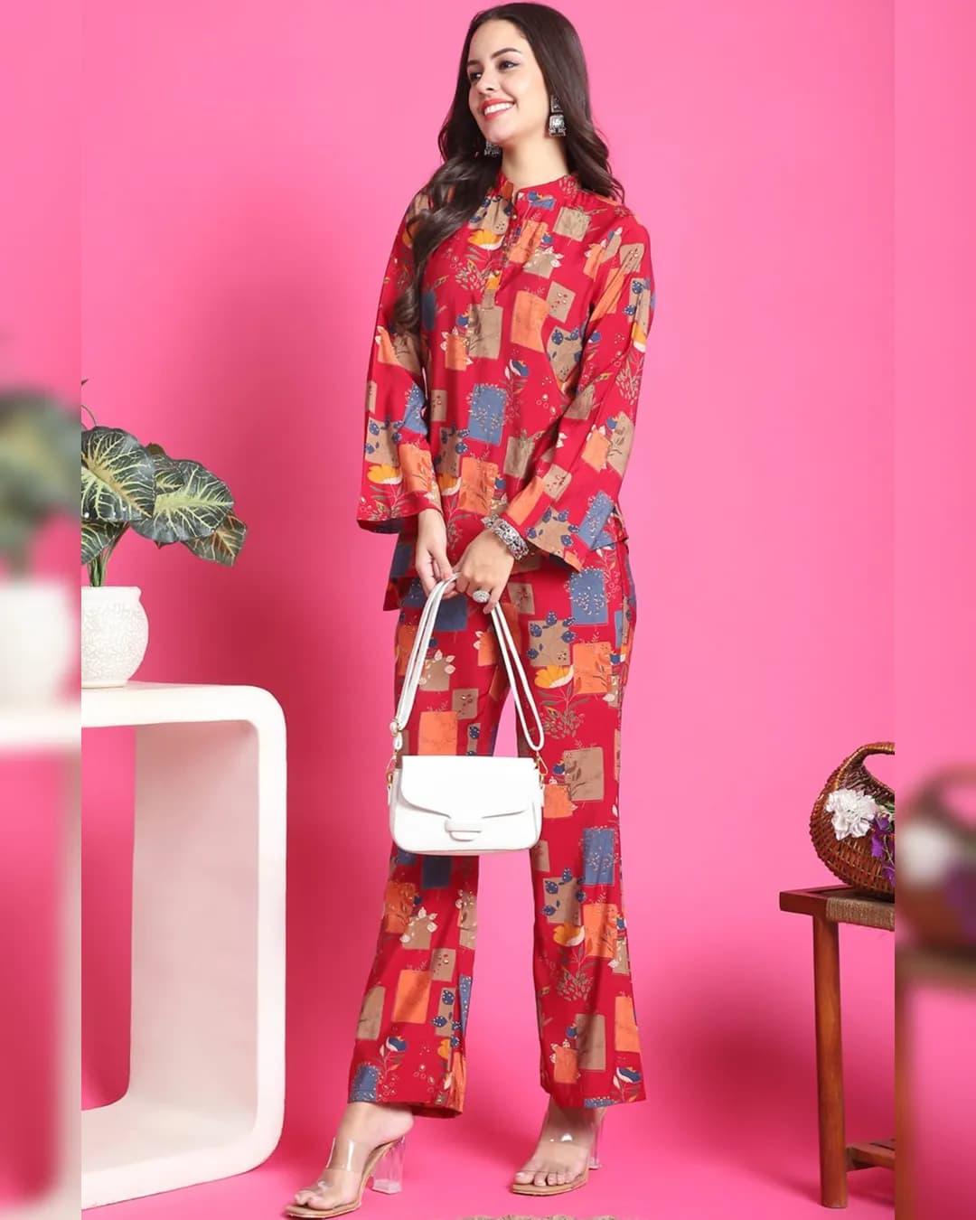 Magenta Color Abstract Printed Chanderi Silk Co-ord Set