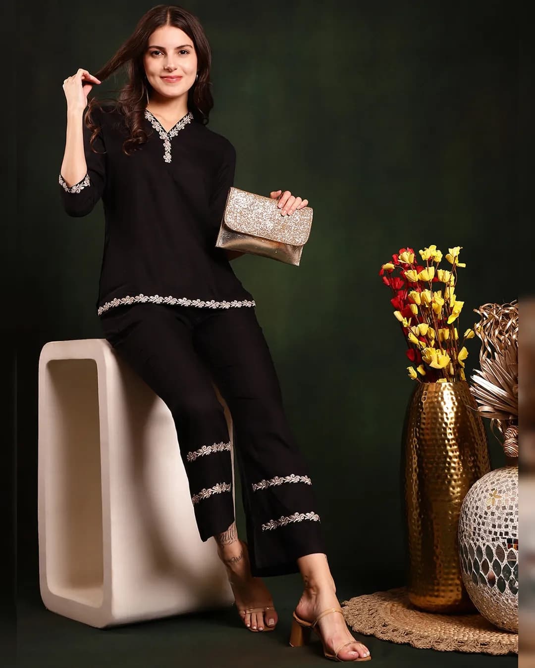 Black Color Embroidered Viscose Rayon Co-ord Set alternate view