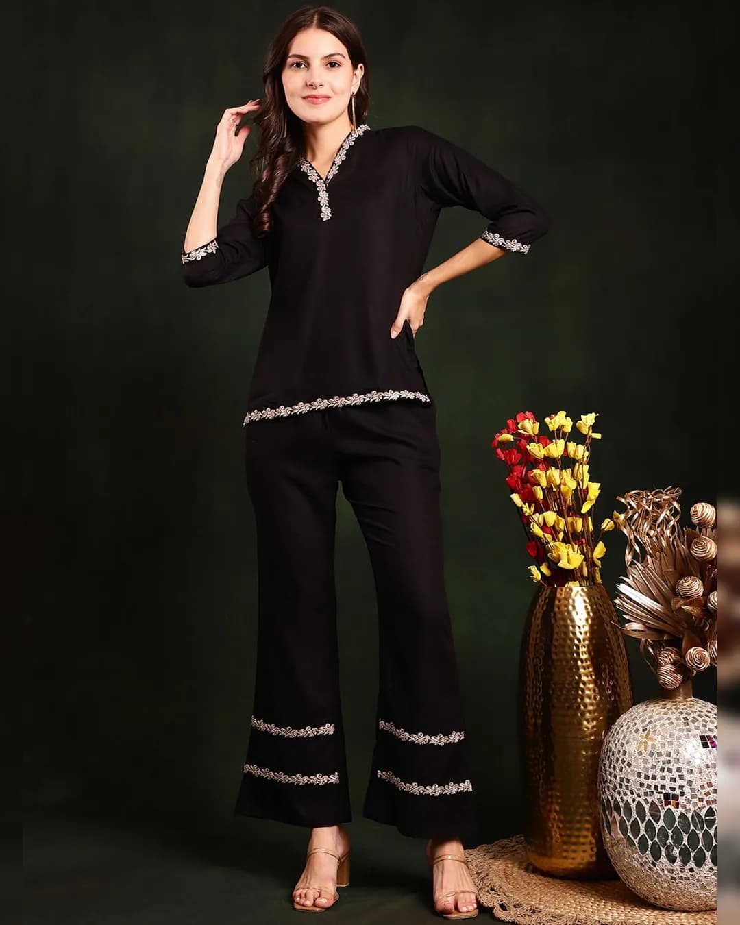 Black Color Embroidered Viscose Rayon Co-ord Set
