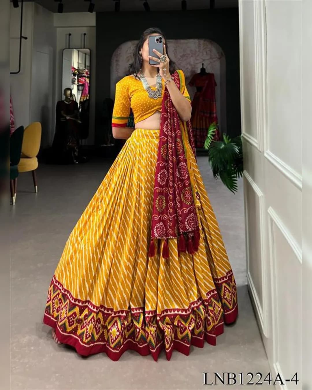 Stunning Tussar Silk Leheriya with Patola Print Border Navratri Lehenga alternate view