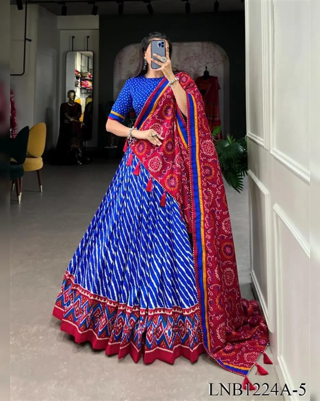 Stunning Tussar Silk Leheriya with Patola Print Border Navratri Lehenga