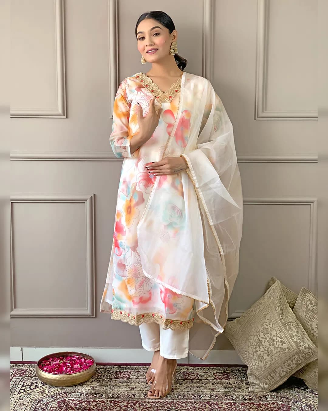 Women Organza with Cotton Lining Kurta With Pant And Dupatta Set alternate view