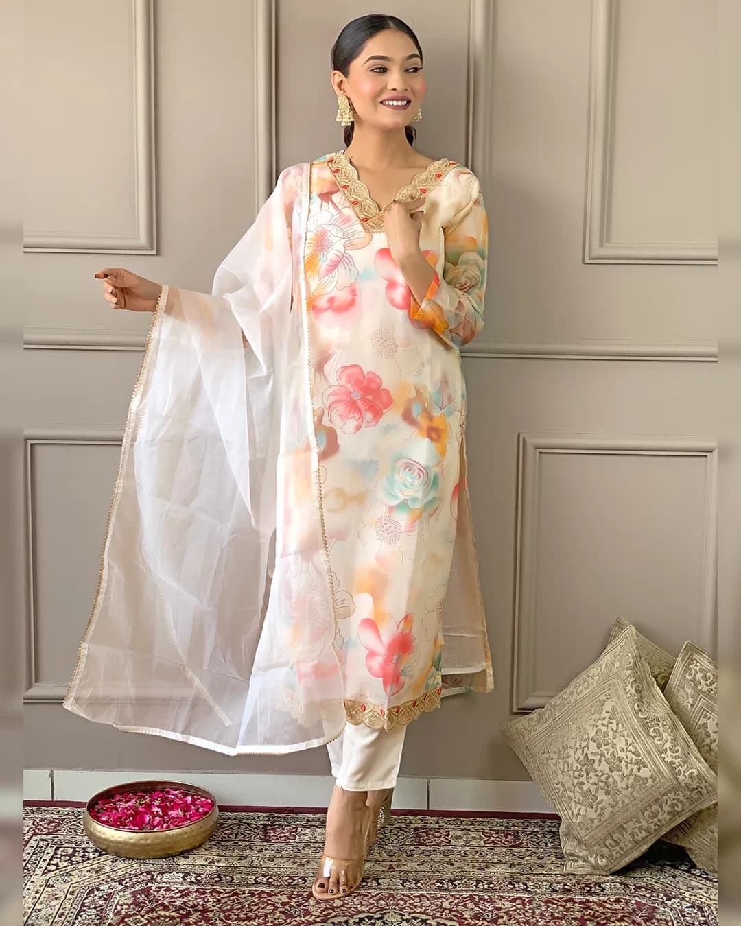 Women Organza with Cotton Lining Kurta With Pant And Dupatta Set