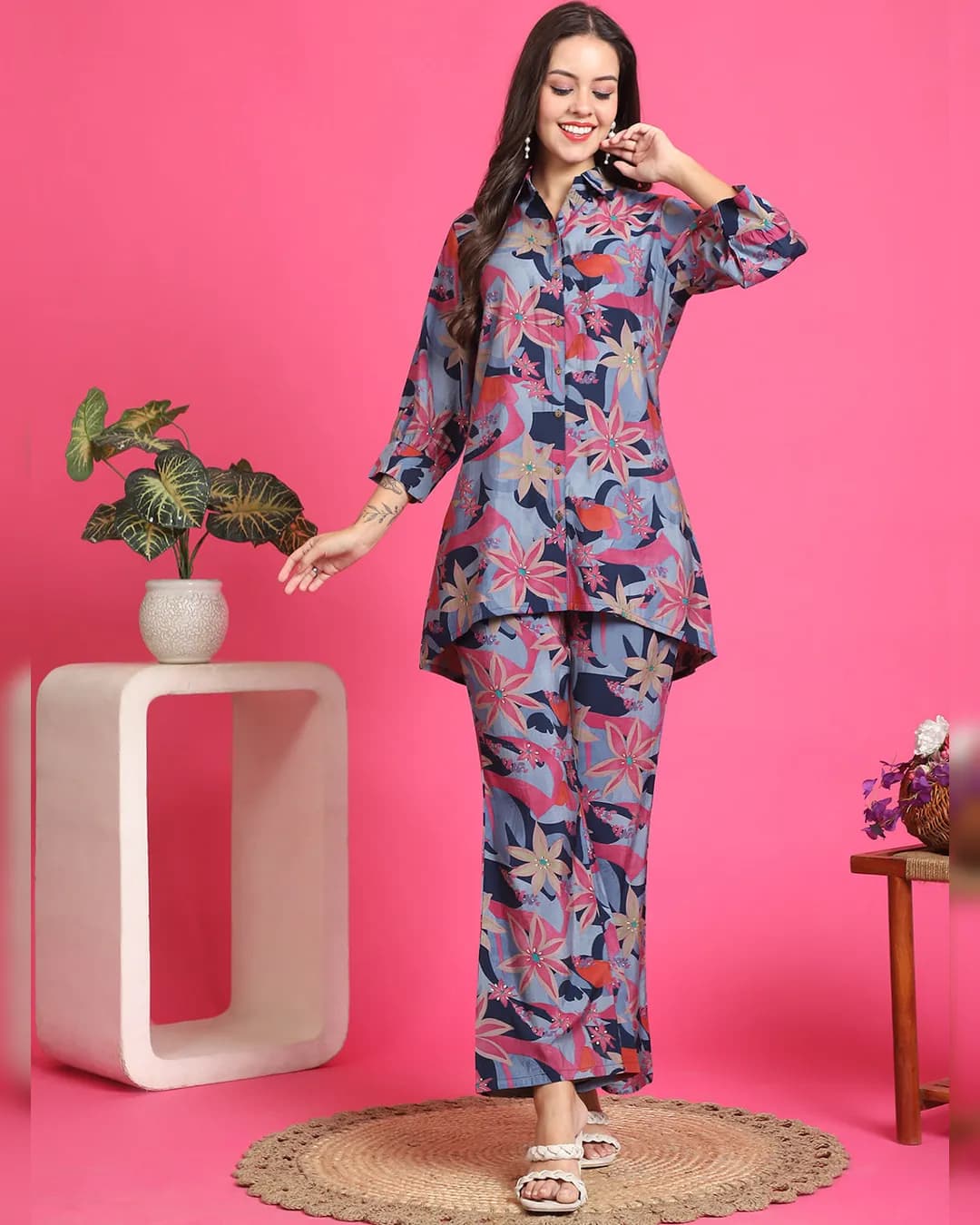 Blue Color Floral Printed Chanderi Premium Co-Ords Set