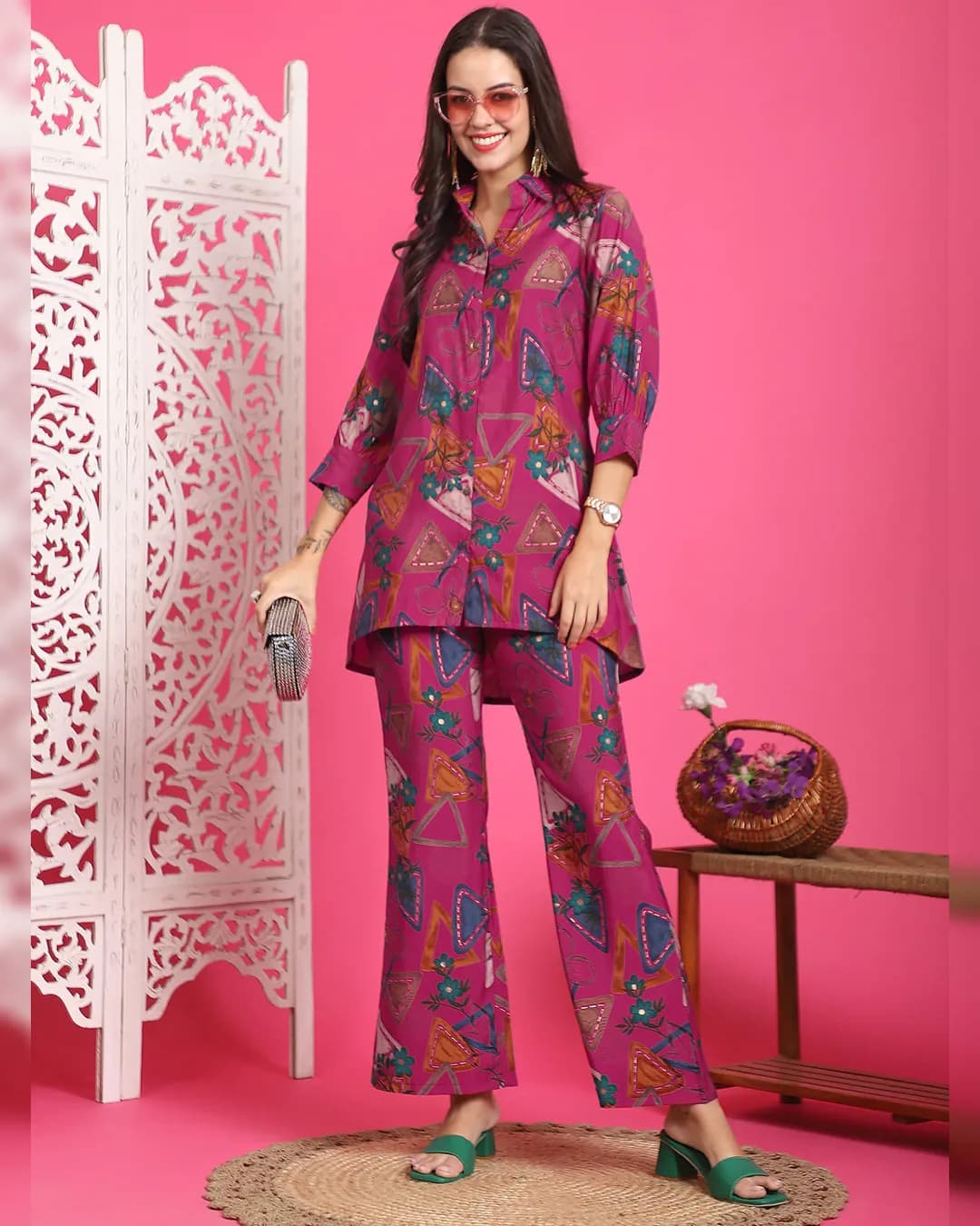 Magenta Color Abstract Printed Chanderi Premium Co-Ords Set
