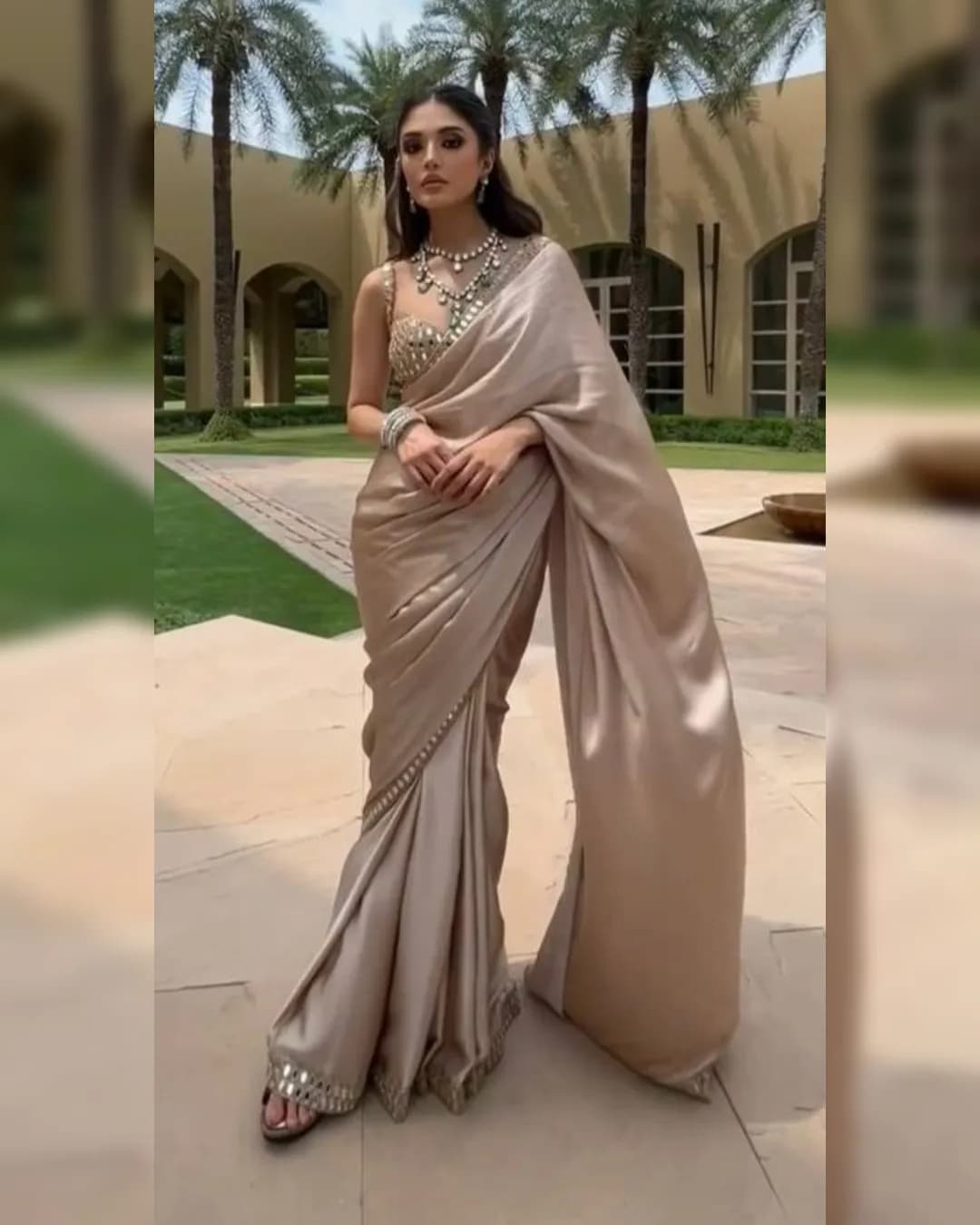 Japan Satin Silk Saree with Thread & Real Mirror Work