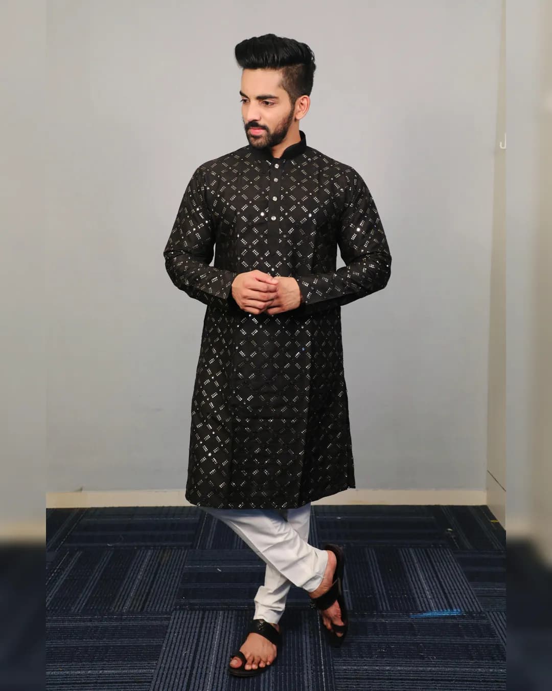 Men's Traditional Kurta Pajama Set with Silver and Mate Sequence Embroidery Work