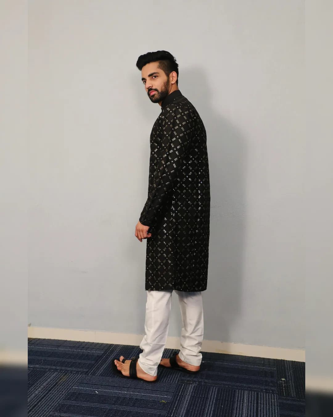 Men's Traditional Kurta Pajama Set with Silver and Mate Sequence Embroidery Work alternate view