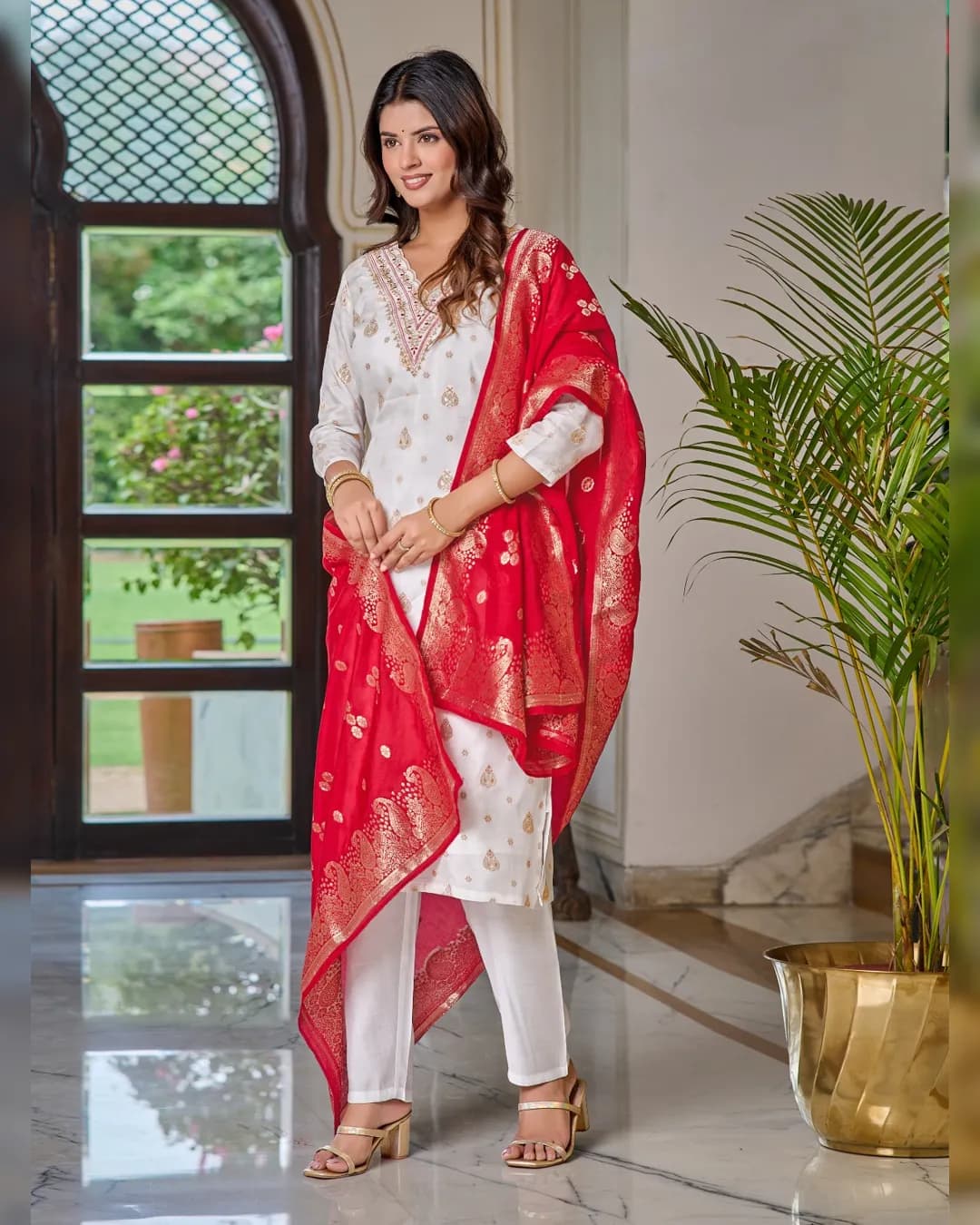 Women's Embroidered Jacquard Kurti with Pant & Dupatta Set alternate view