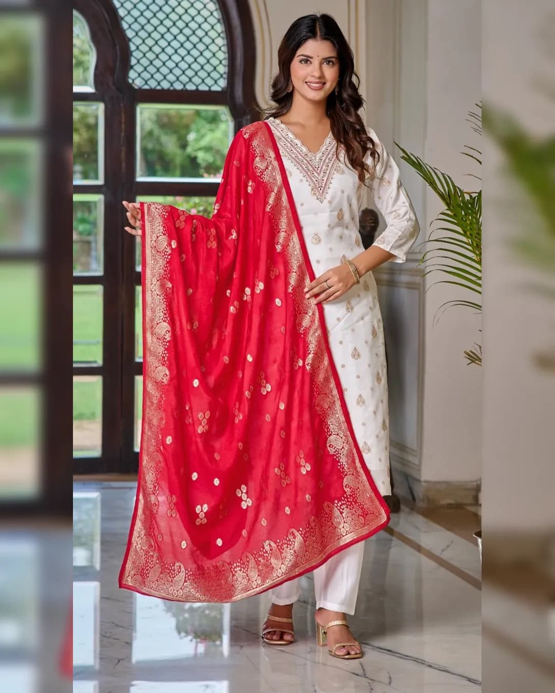 Women's Embroidered Jacquard Kurti with Pant & Dupatta Set