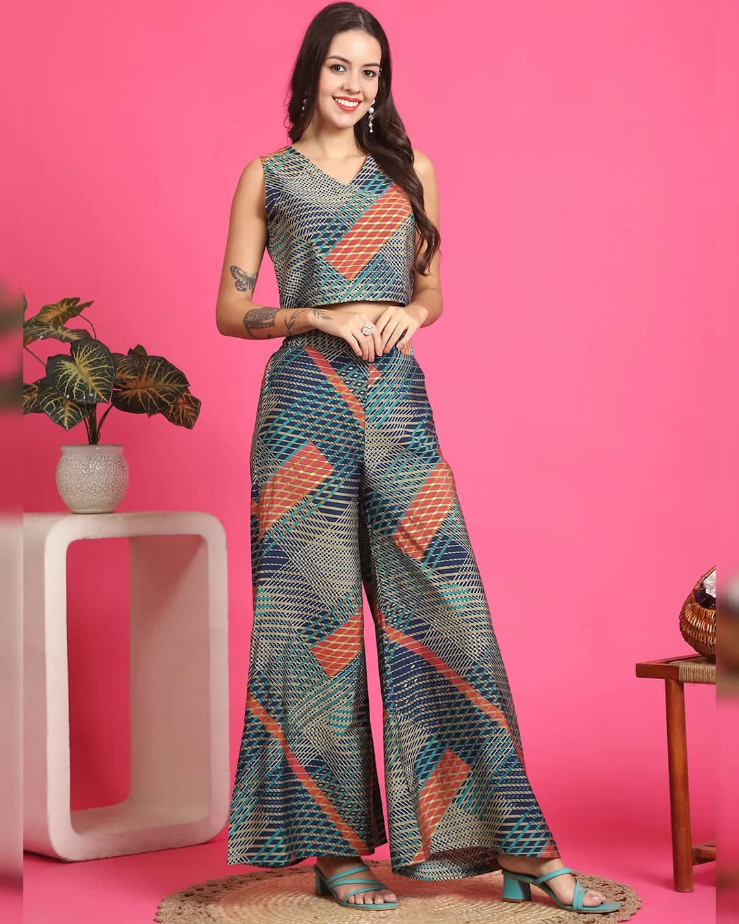 Navy Blue Color Abstract Printed Premium Chanderi Co-ord Set alternate view