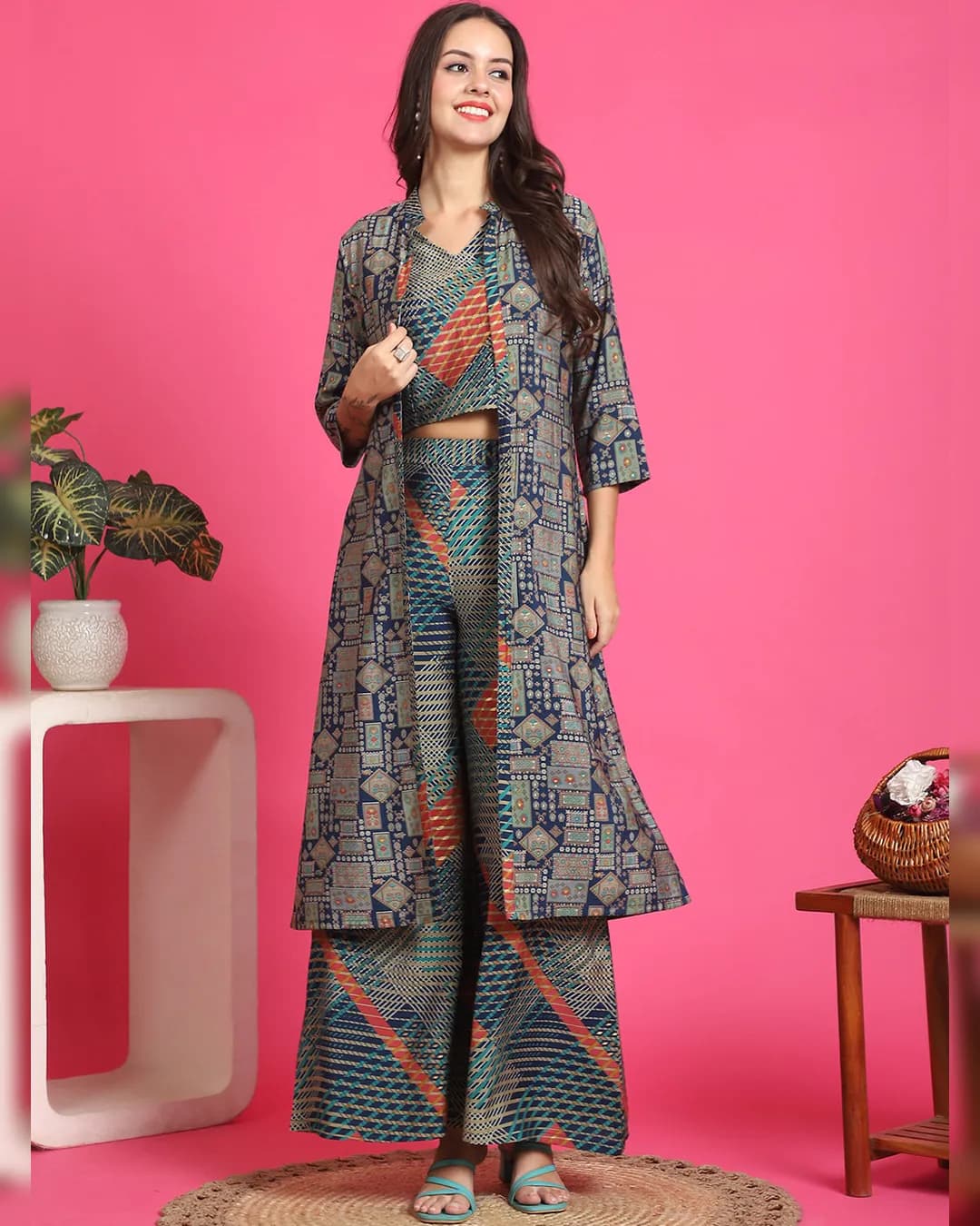 Navy Blue Color Abstract Printed Premium Chanderi Co-ord Set