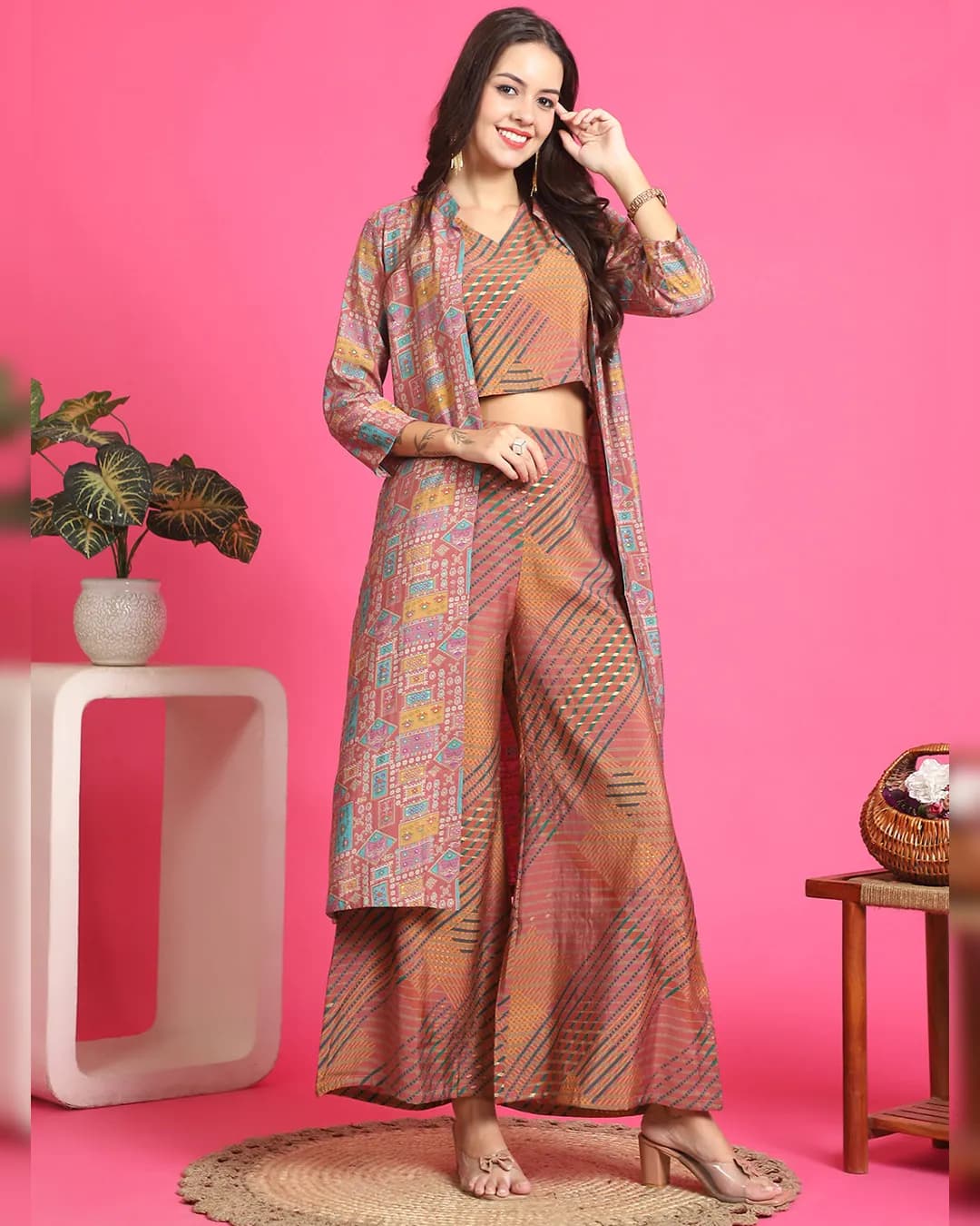 Pink Color Abstract Printed Premium Chanderi Co-ord Set