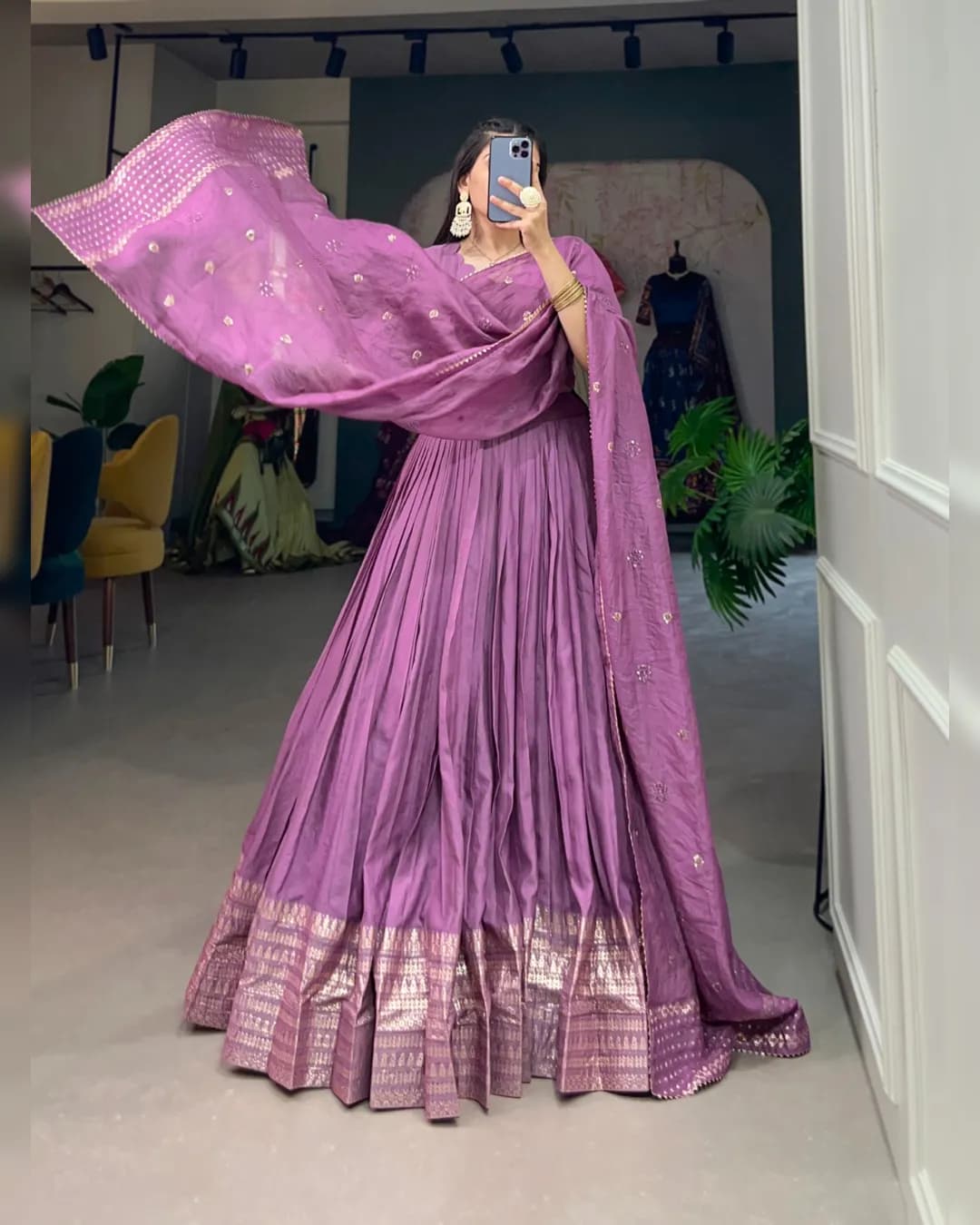 Elegant Pure Chanderi Lehenga Choli with Zari Work and Sequin Embellished Dupatta alternate view