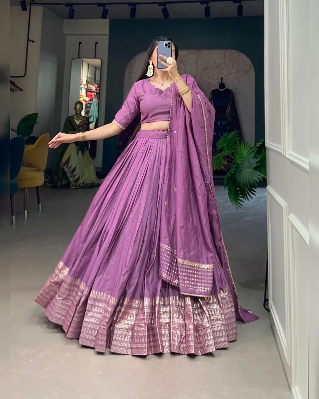 Elegant Pure Chanderi Lehenga Choli with Zari Work and Sequin Embellished Dupatta