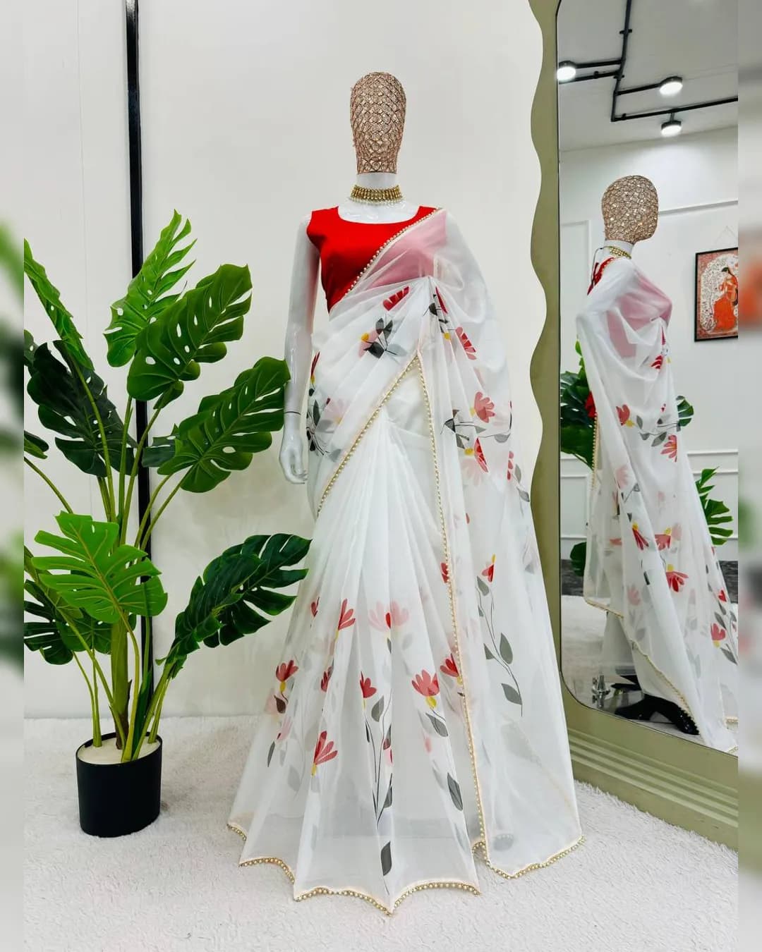 Designer Tibby Silk Saree with Digital Print & Pearl Work