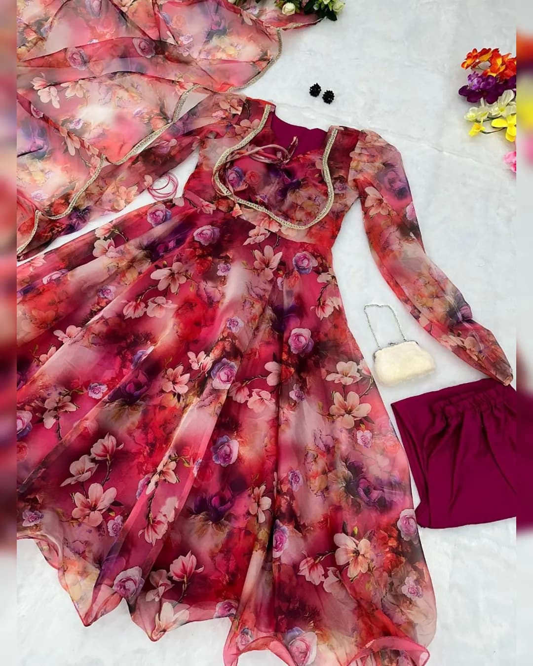 Organza Silk Anarkali Dress with Digital Print and Lace Border alternate view