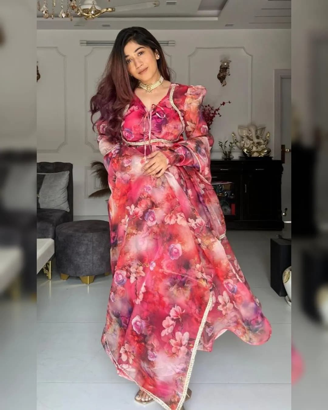 Organza Silk Anarkali Dress with Digital Print and Lace Border