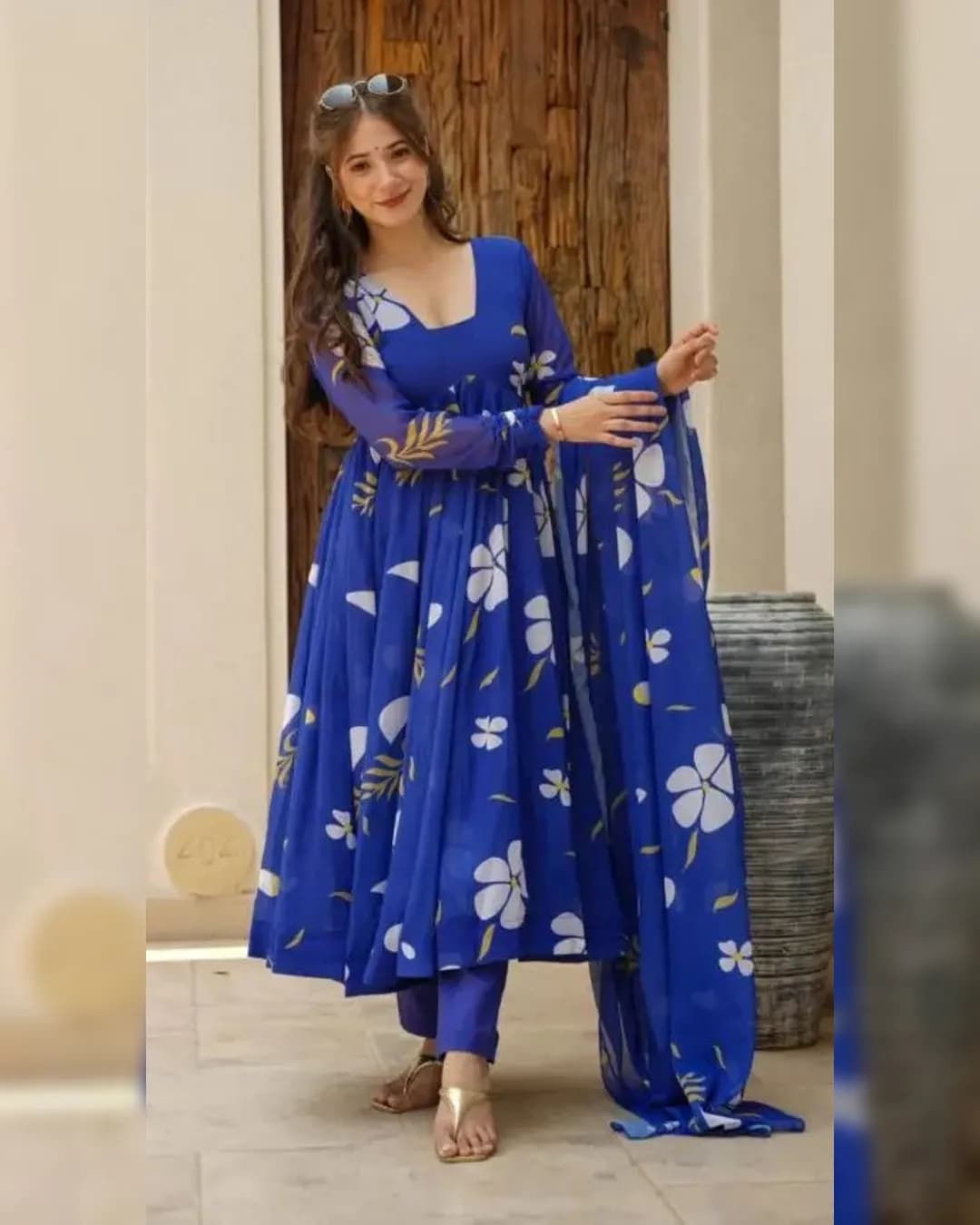 Fox Georgette Digital Print Gown with Pant and Dupatta Set