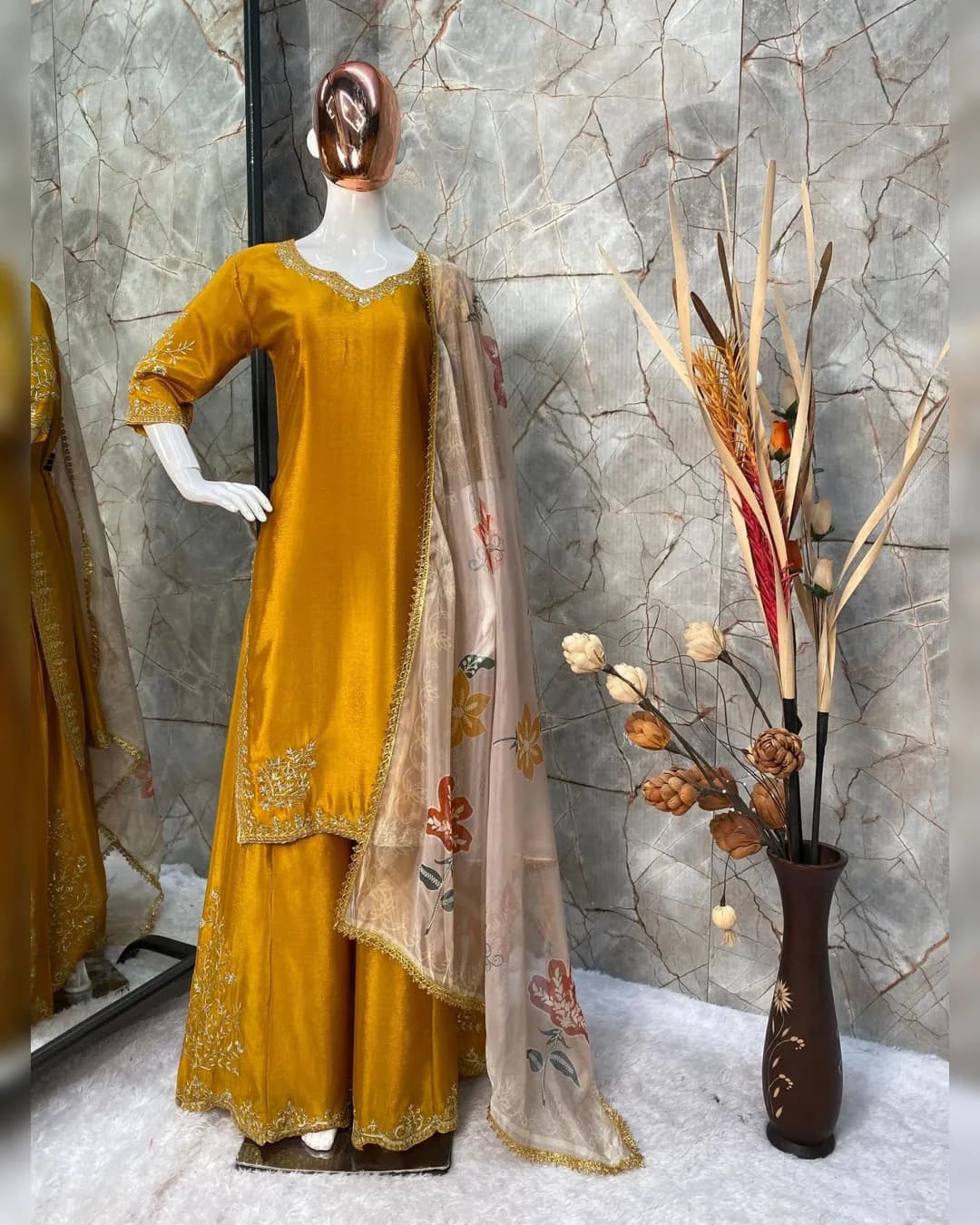 New Super Hit 3-Colour Designer Chinon Suit with Sequins Embroidery Work and Full Flair Gharara alternate view