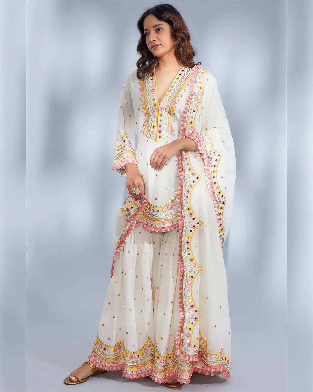 Sara Ali Khan Inspired Designer Party Wear Top, Palazzo & Dupatta Set