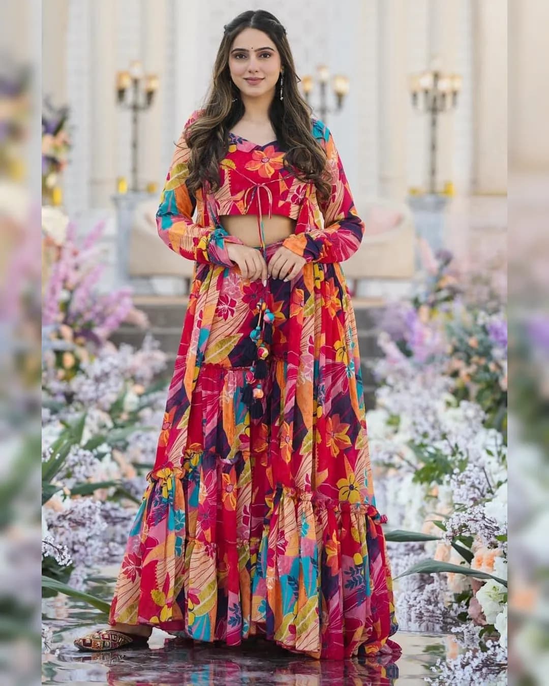 Stunning 3-Piece Koti Style Indo-Western Suit – Crop Top, Sharara & Shrug Set