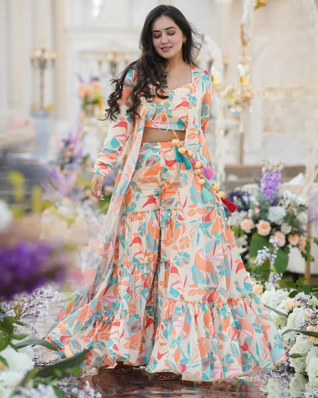 Stunning 3-Piece Koti Style Indo-Western Suit – Crop Top, Sharara & Shrug Set alternate view