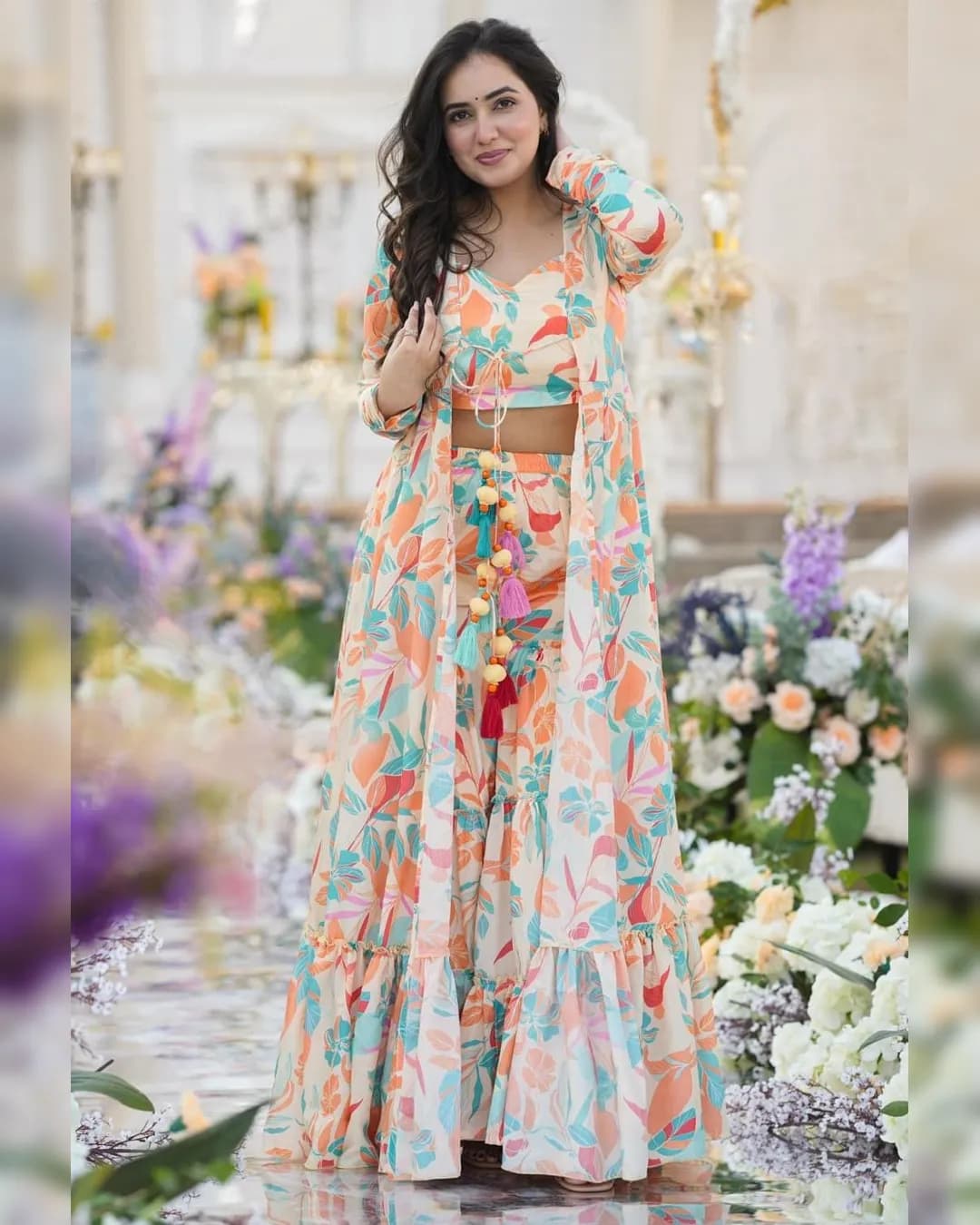 Stunning 3-Piece Koti Style Indo-Western Suit – Crop Top, Sharara & Shrug Set