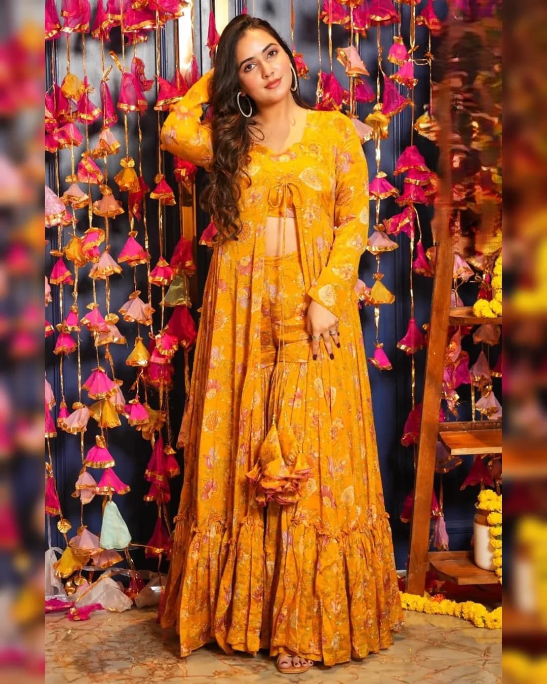 Stunning 3-Piece Koti Style Indo-Western Suit – Crop Top, Sharara & Shrug Set