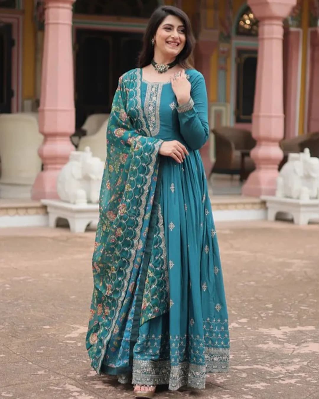 Chinon Gown with Rich Sequins Embroidered Work & Kalamkari Printed Dupatta