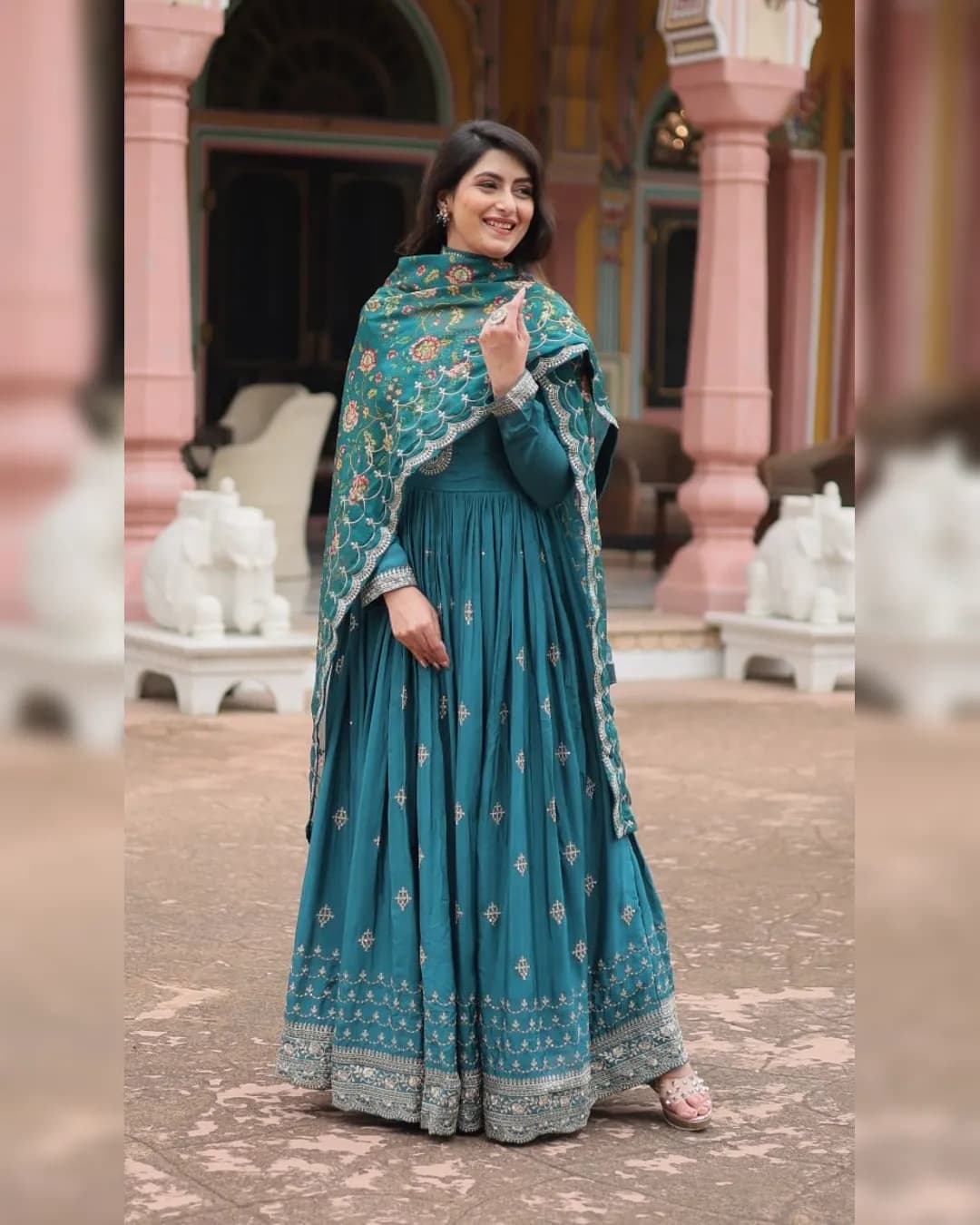 Chinon Gown with Rich Sequins Embroidered Work & Kalamkari Printed Dupatta alternate view
