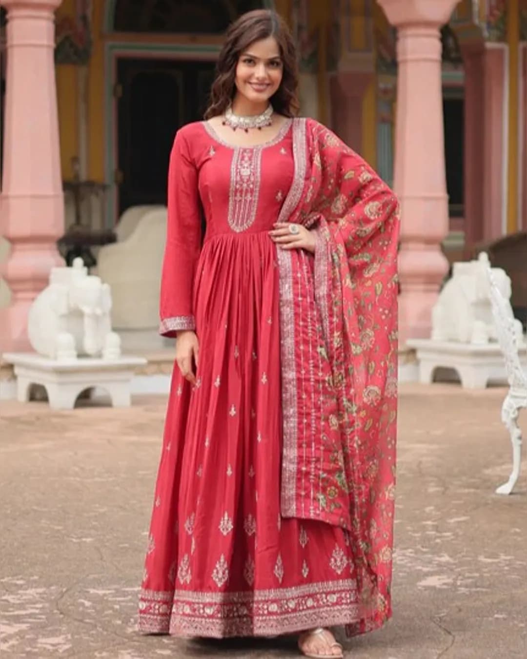 Chinon Gown with Rich Sequins Embroidered Work & Kalamkari Printed Dupatta