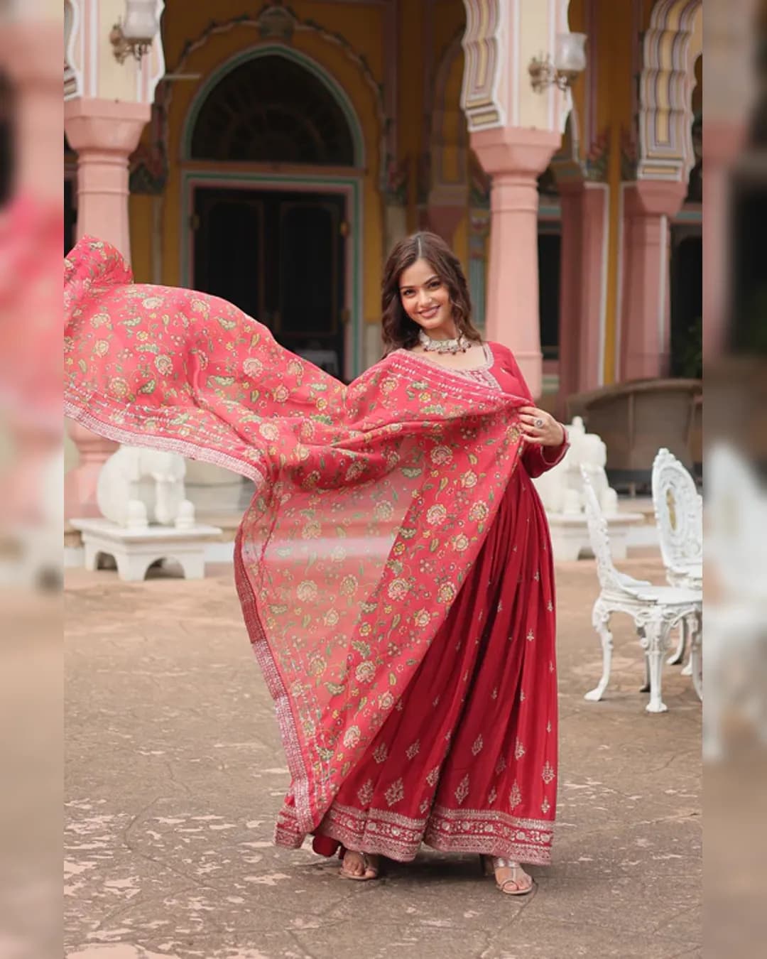 Chinon Gown with Rich Sequins Embroidered Work & Kalamkari Printed Dupatta alternate view